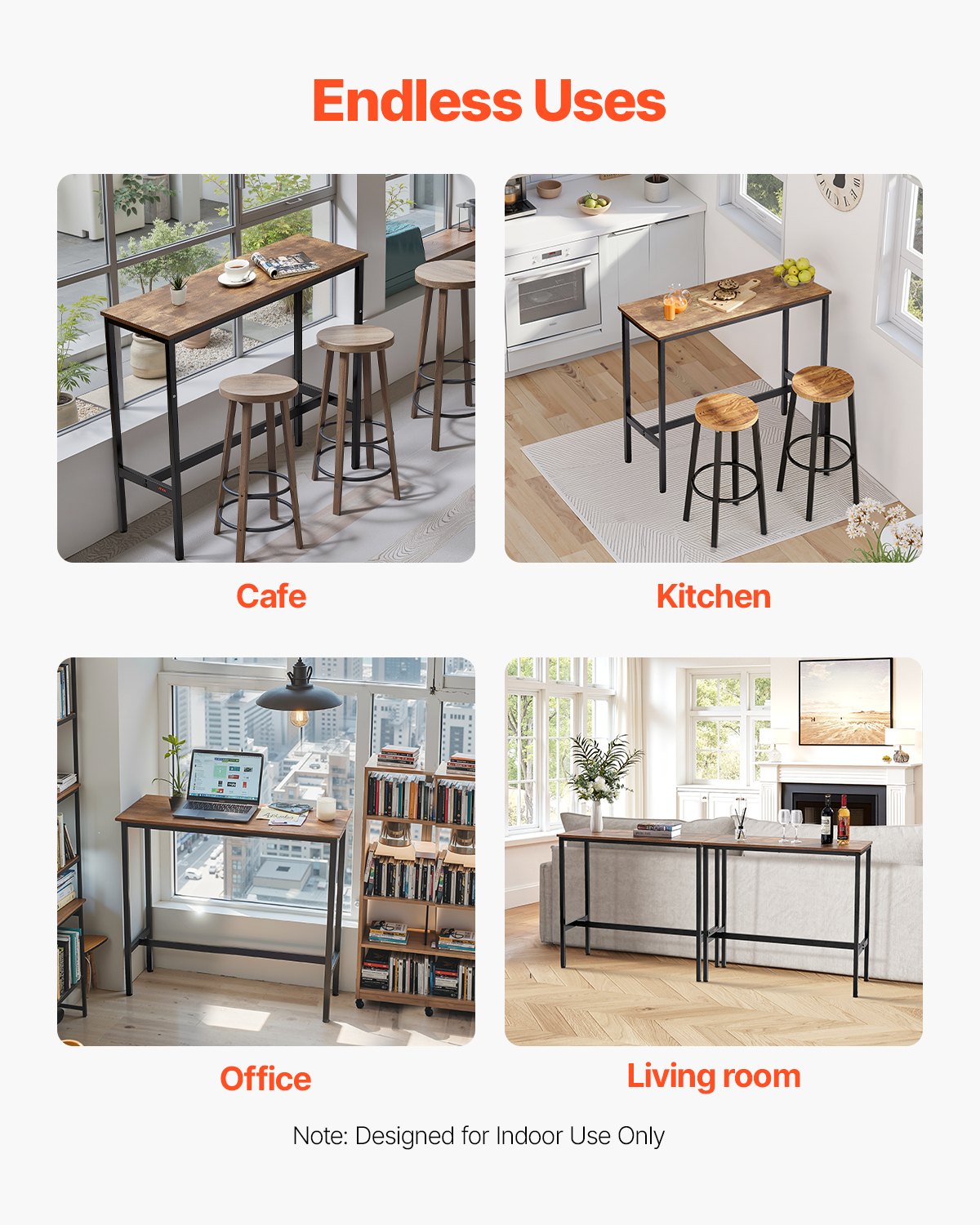 VEVOR Stół barowy, stół bistro, stół pubowy z metalową ramą, wąski i długi stół kuchenny, stół jadalny (991 x 406 x 902 mm), stół wystawowy na przyjęcia w salonie, pubie, jadalni, kawiarni, brązowy i czarny