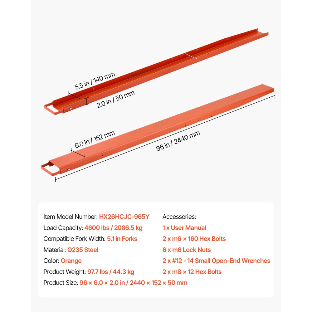 VEVOR 1 para przedłużek wideł 2440x140 mm, przedłużki wideł 2086,5 kg, widły do ​​wózków widłowych do transportu w warsztacie, logistyce i rolnictwie, konstrukcje stalowe, z blokadą śrubową, kolor pomarańczowy