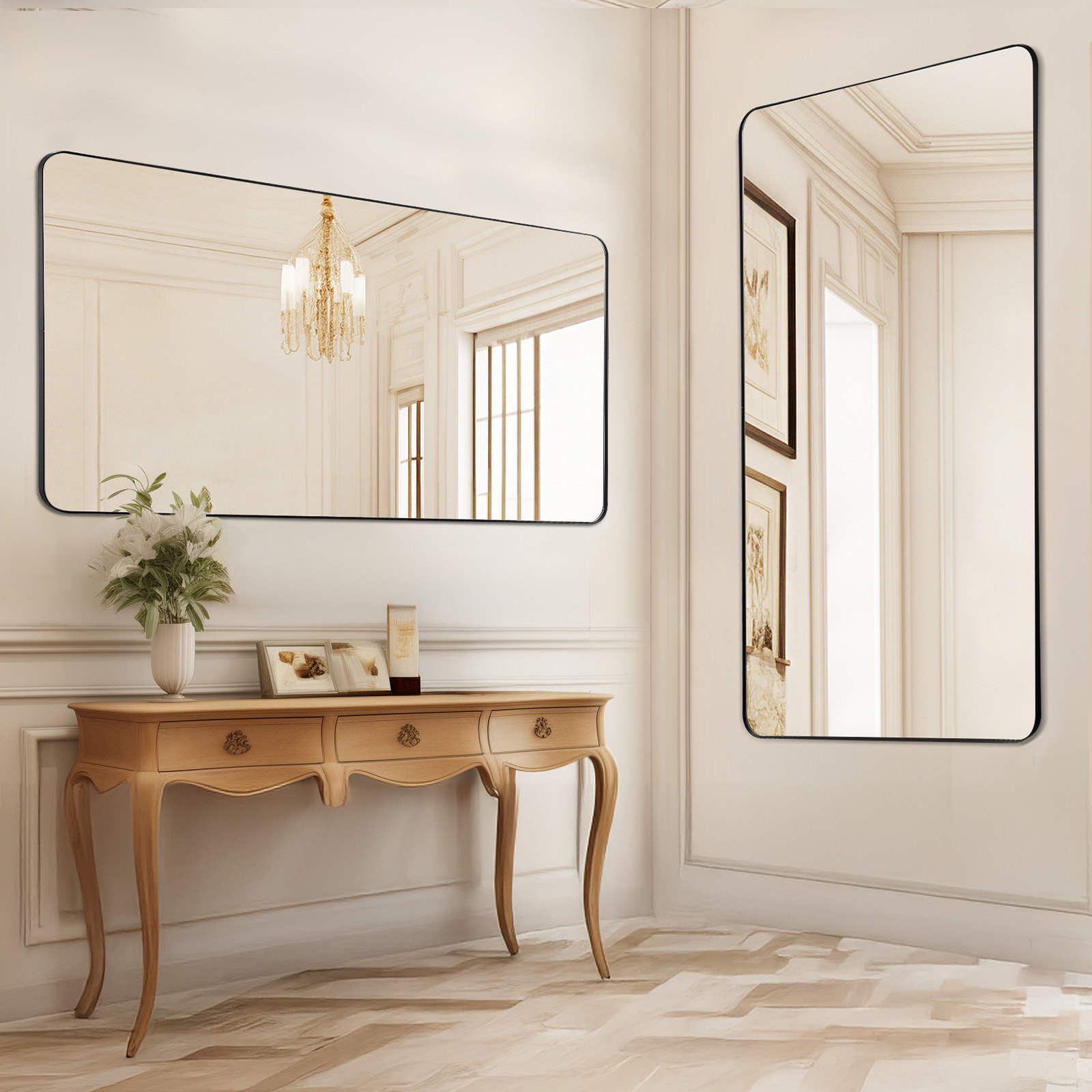 Lustro ścienne VEVOR Lustro do makijażu Lustro łazienkowe 915 x 610 x 25 mm Lustro prostokątne, rama ze stopu aluminium w kolorze czarnym, z uchwytem w kształcie litery Z do łazienki, sypialni, salonu