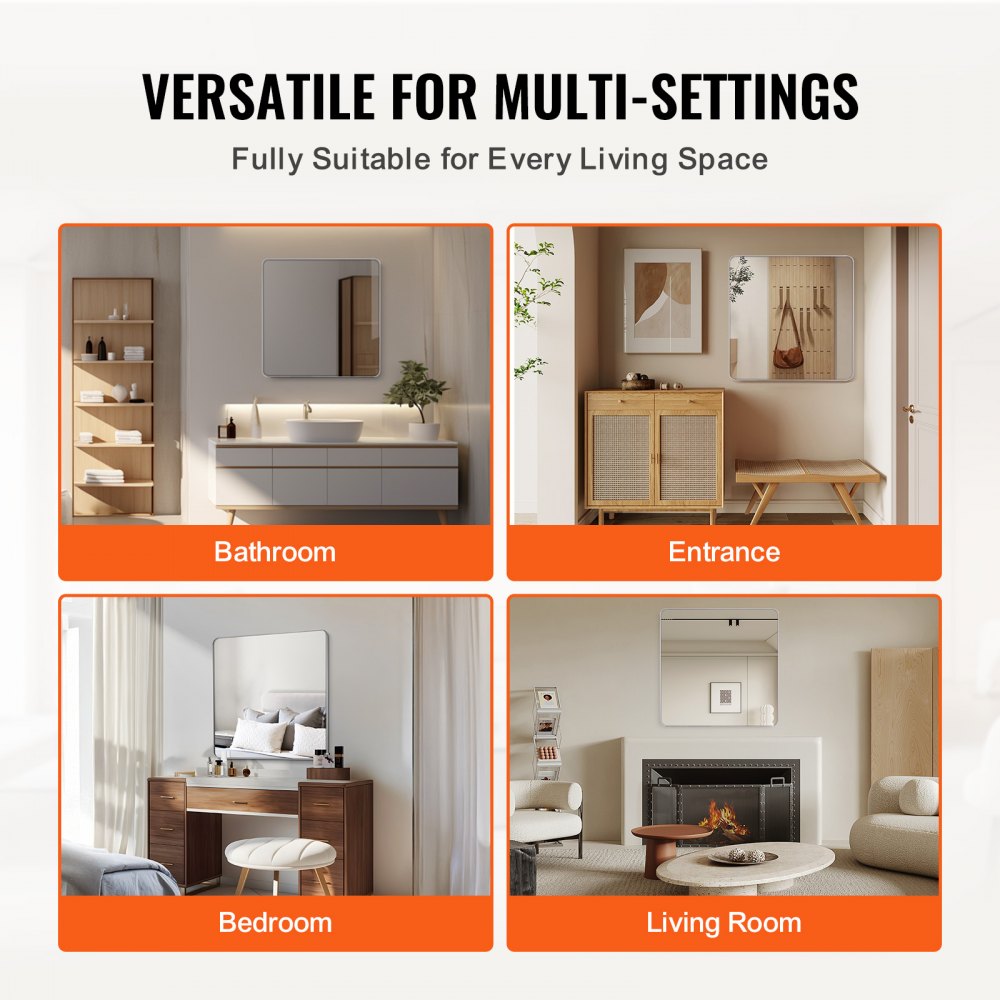 Lustro ścienne VEVOR Lustro do makijażu Lustro łazienkowe 915 x 915 x 25 mm Lustro prostokątne, rama ze stopu aluminium w kolorze srebrnym, z uchwytem w kształcie litery Z do łazienki, sypialni, salonu