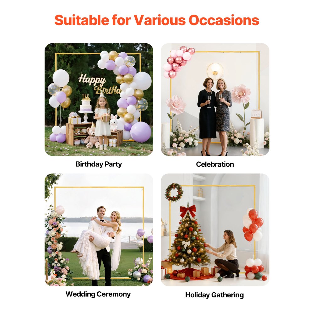 VEVOR Arch Backdrop Stand, 2 x 2 m, Stable Structure, Easy Assembly, Square Gold Metal Arch Backdrop Stand for Wedding, Birthday Party, Graduation, Holiday Celebration, and Ceremony Decoration