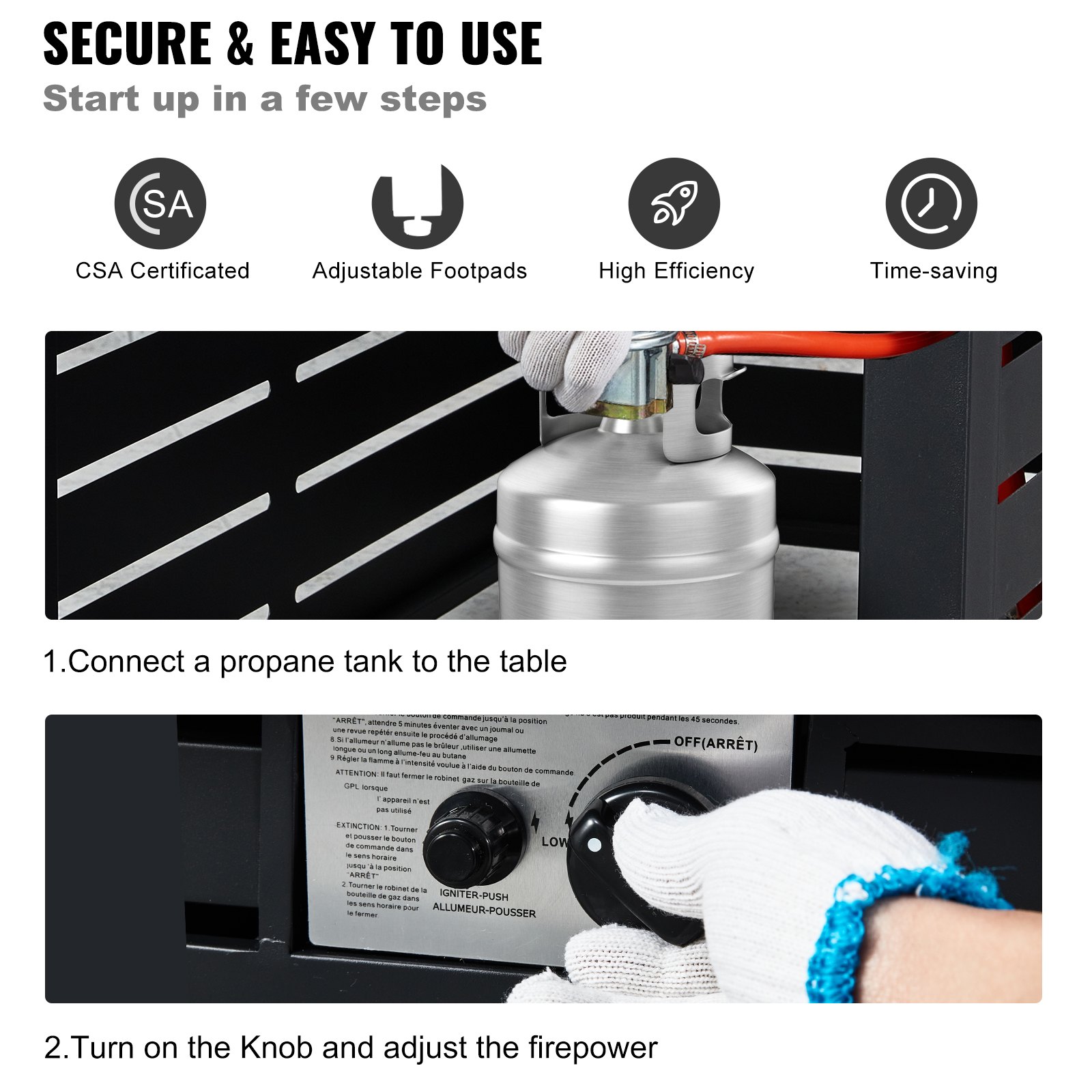 VEVOR zewnętrzny stół kominkowy 137 cm kominek gazowy miska paleniskowa ze stali węglowej kominek gazowy 137x56x63 cm ze stalową pokrywą ochrona przed wiatrem ochrona przed deszczem 9-litrowy zbiornik na propan na 9 godzin stół kominkowy do ogrodu patio