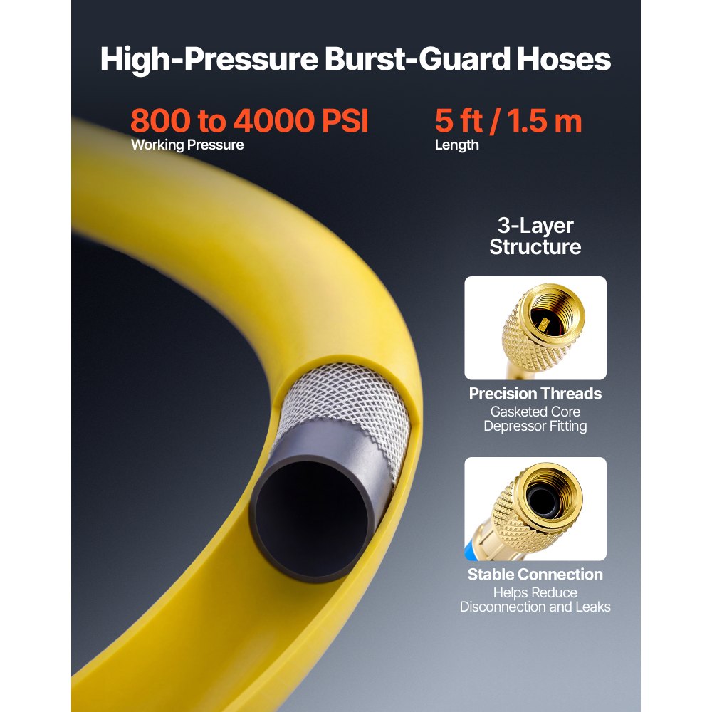 Zestaw manometrów do klimatyzacji VEVOR AC do czynników chłodniczych R134a, R404a, R1234y i R22, manometr 3-drożny z wężami 1,5 m, adapterami, szybkozłączkami i złączami gniazdowymi. Nadaje się do samochodowych systemów klimatyzacji.
