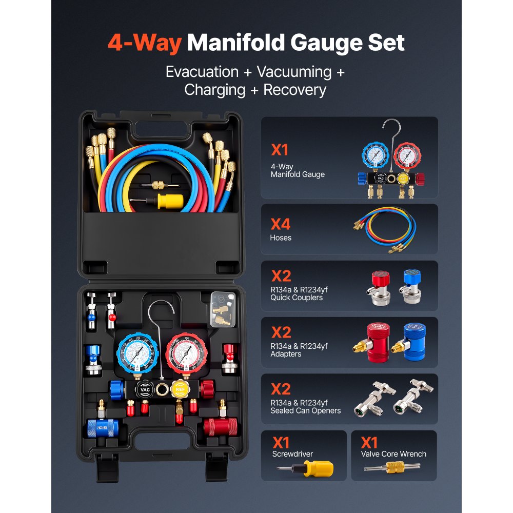 VEVOR AC Manifold Gauge Set for R134a R404A R1234yf R22 Refrigerant, 4 Way AC Gauge with 1.5m Hoses, Adapters, Quick Couplers, Can Taps for Automotive Air Conditioning Maintenance, Charging Evacuation