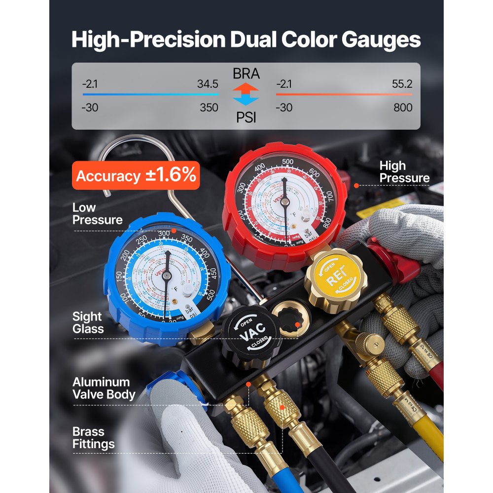 VEVOR AC Manifold Gauge Set for R134a R404A R1234yf R22 Refrigerant, 4 Way AC Gauge with 1.5m Hoses, Adapters, Quick Couplers, Can Taps for Automotive Air Conditioning Maintenance, Charging Evacuation