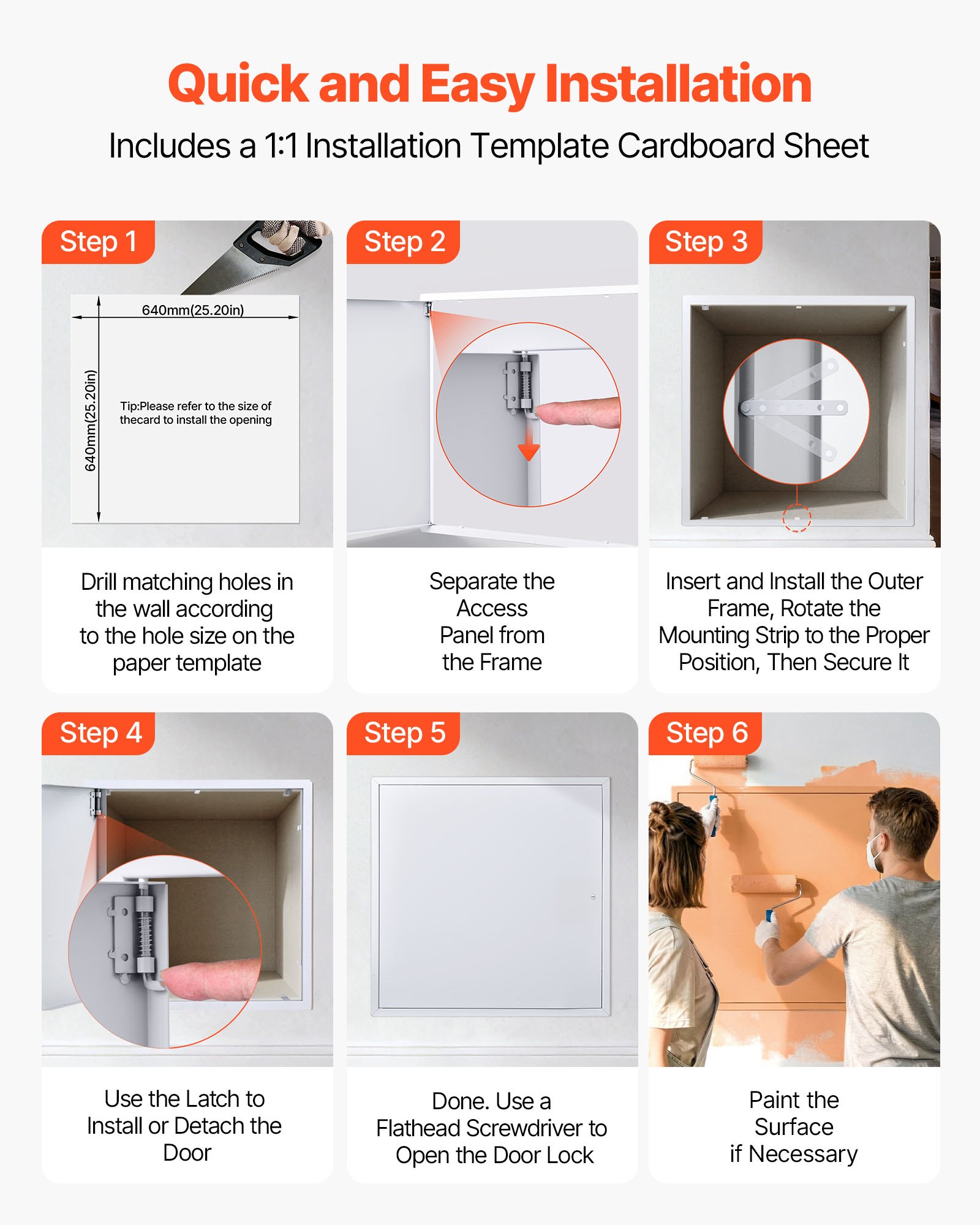 VEVOR Access Panel 613 x 613 mm, Galvanized Steel Sheet, Drywall, 165° Working Range, Maintenance Hatch, Flush-Mounted Access Panel, Cam Bolt Lock, Access Door, Inspection Panel