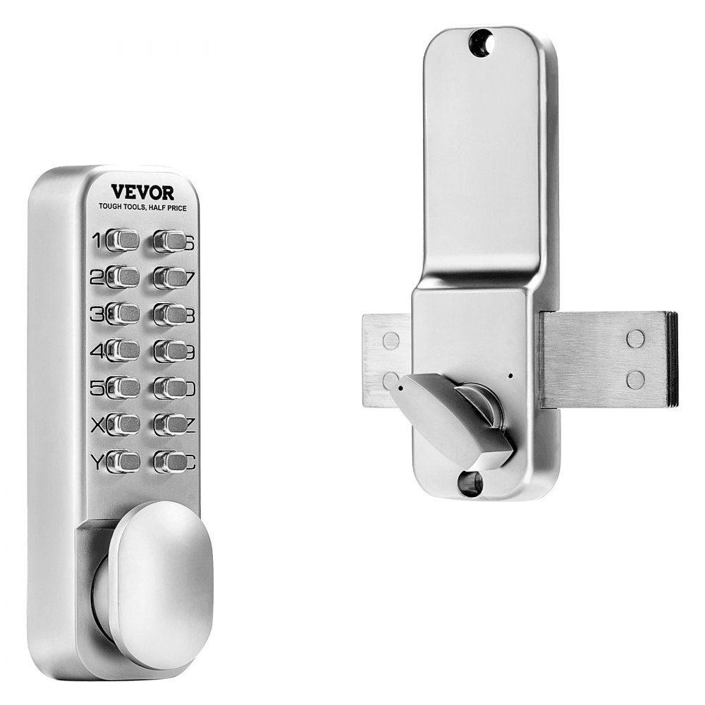 VEVOR mechanical keyless door lock with single-sided keypad (14 keys), keyless door lock with rotary knob, code lock for house, office, outdoor fence, yard, silver (35-65 mm thick door)