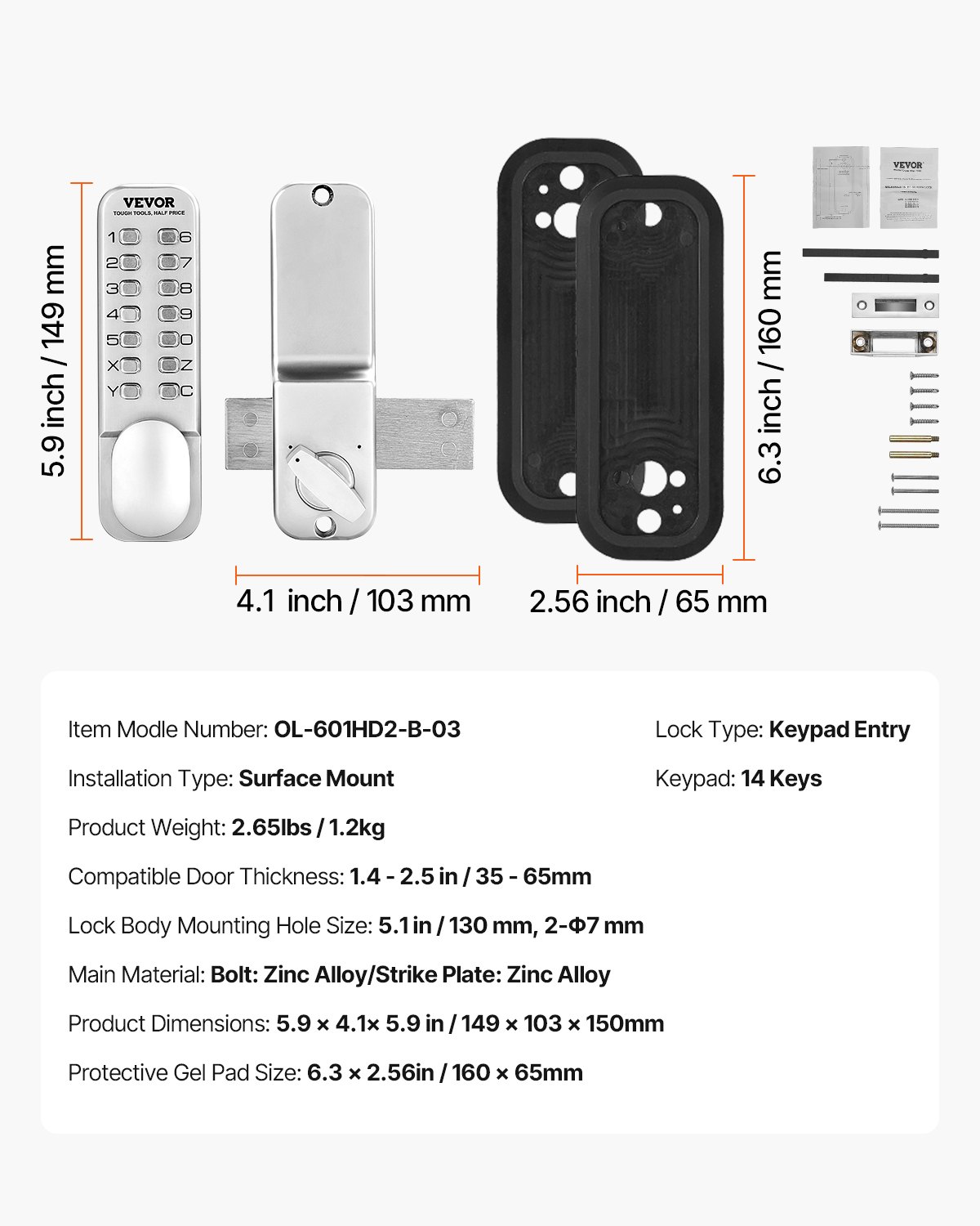 VEVOR mechanical keyless door lock with single-sided keypad (14 keys), keyless door lock with rotary knob, code lock for house, office, outdoor fence, yard, silver (35-65 mm thick door)