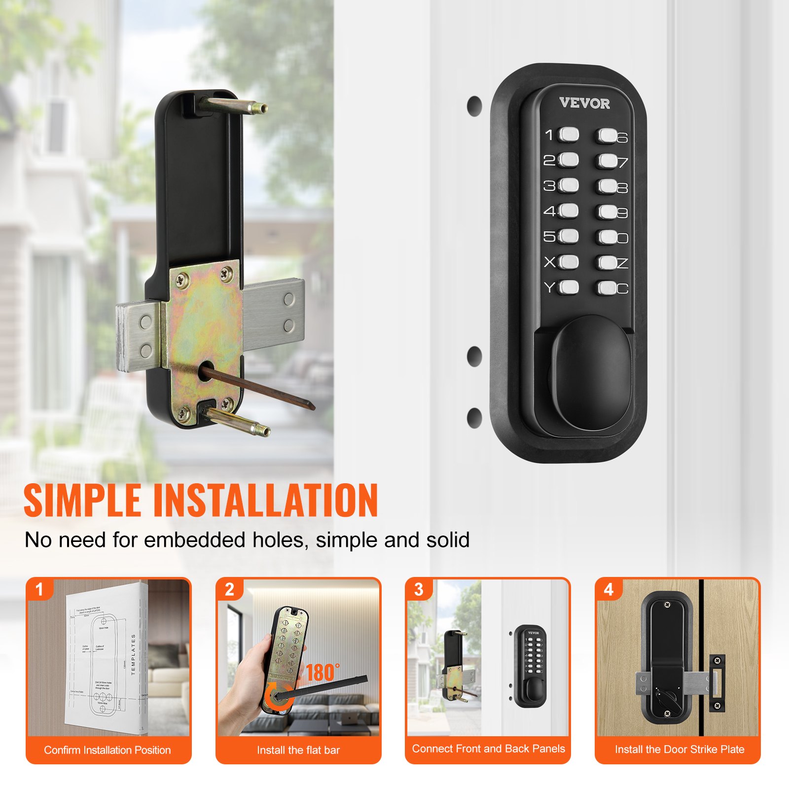VEVOR Keyless Door Lock with Mechanical Code Lock, 40/50 mm Retro Style 14-Password Lock, 35-65 mm Door Thickness Combination Code Door Lock Suitable for Garage, Hotel, Office, Studio, etc.