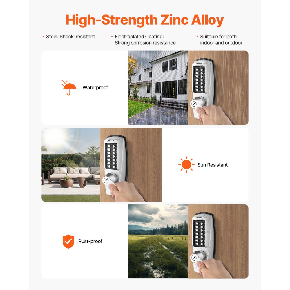 Mechaniczny zamek bezkluczykowy VEVOR z jednostronną klawiaturą (14 kluczy), zamek bezkluczykowy z klamką i kluczami, wbudowany zamek kodowy do domu, biura, ogrodu, ogrodu, w kolorze srebrnym