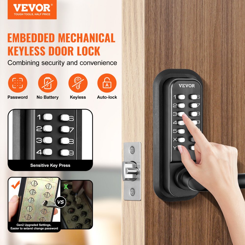 VEVOR Keyless Door Lock with Mechanical Code Lock, 40/50 mm Bolt, Password Lock, 35-65 mm Door Thickness Combination Code Door Lock Suitable for Garage, Hotel, Office, Studio, etc.