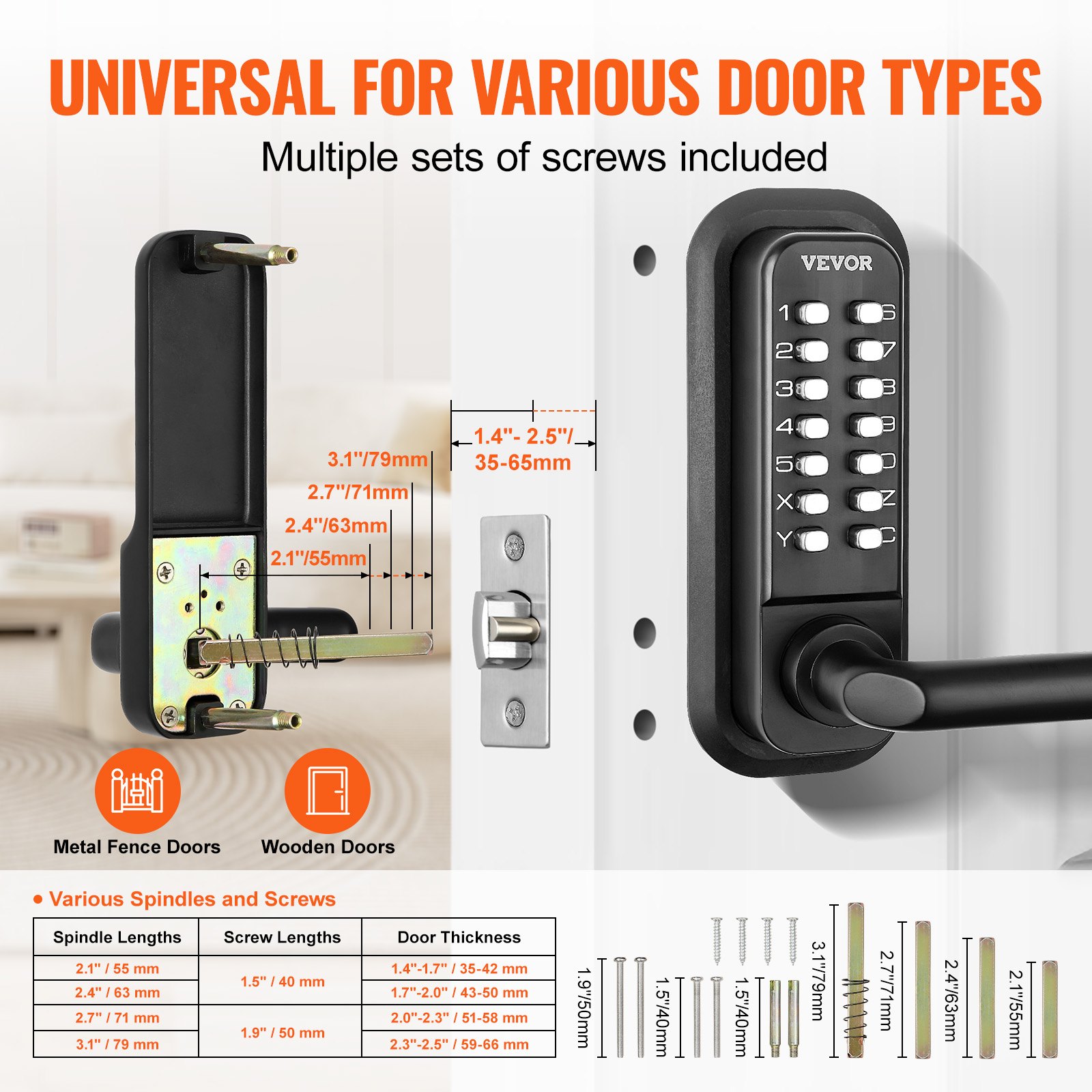 VEVOR Keyless Door Lock with Mechanical Code Lock, 40/50 mm Bolt, Password Lock, 35-65 mm Door Thickness Combination Code Door Lock Suitable for Garage, Hotel, Office, Studio, etc.