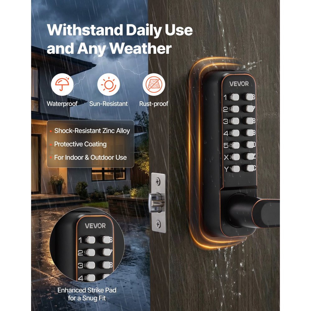 VEVOR Mechanical Keyless Entry Door Lock, 2.0 Code Upgrade, 4-7 Digits Code, Single-Sided Push Button Combination Keypad Door Lock with Handle, Auto Locking, for Indoor or Outdoor, Oil-Rubbed Bronze
