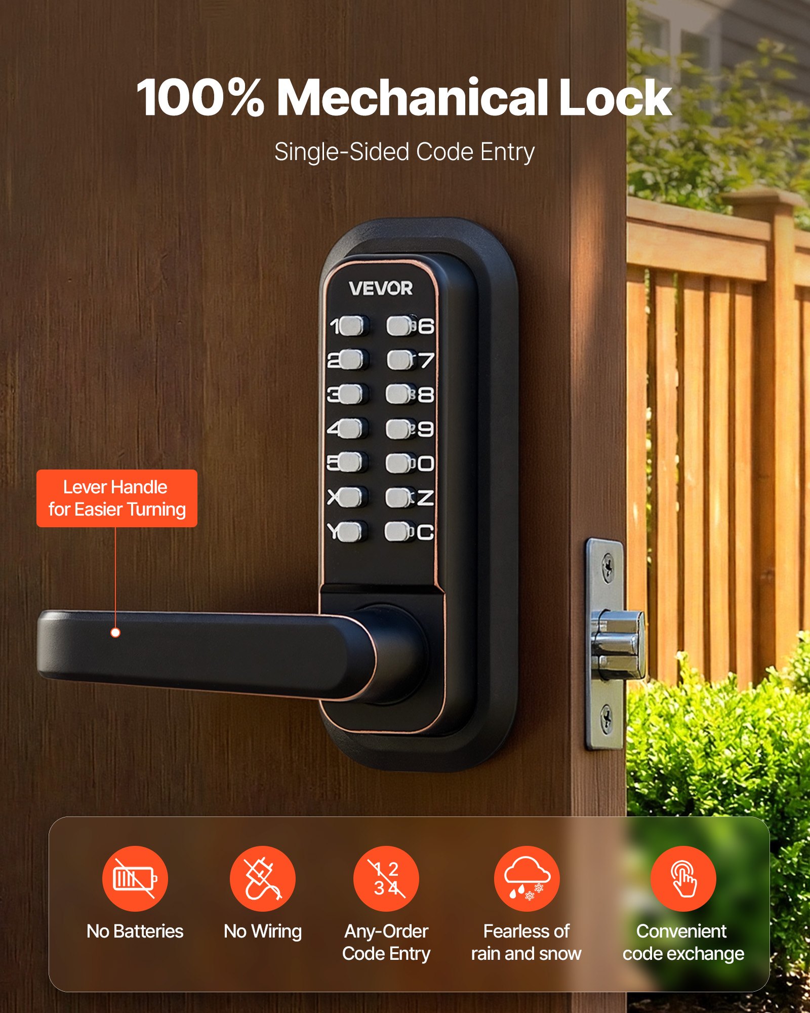 VEVOR Mechanical Keyless Entry Door Lock, 2.0 Code Upgrade, 4-7 Digits Code, Single-Sided Push Button Combination Keypad Door Lock with Handle, Auto Locking, for Indoor or Outdoor, Oil-Rubbed Bronze