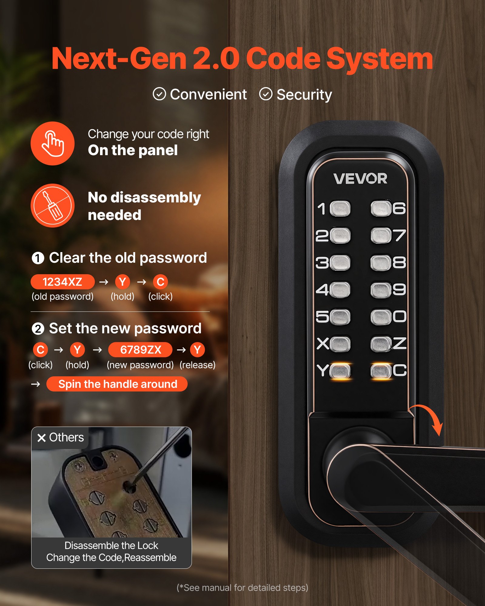 VEVOR Mechanical Keyless Entry Door Lock, 2.0 Code Upgrade, 4-7 Digits Code, Single-Sided Push Button Combination Keypad Door Lock with Handle, Auto Locking, for Indoor or Outdoor, Oil-Rubbed Bronze