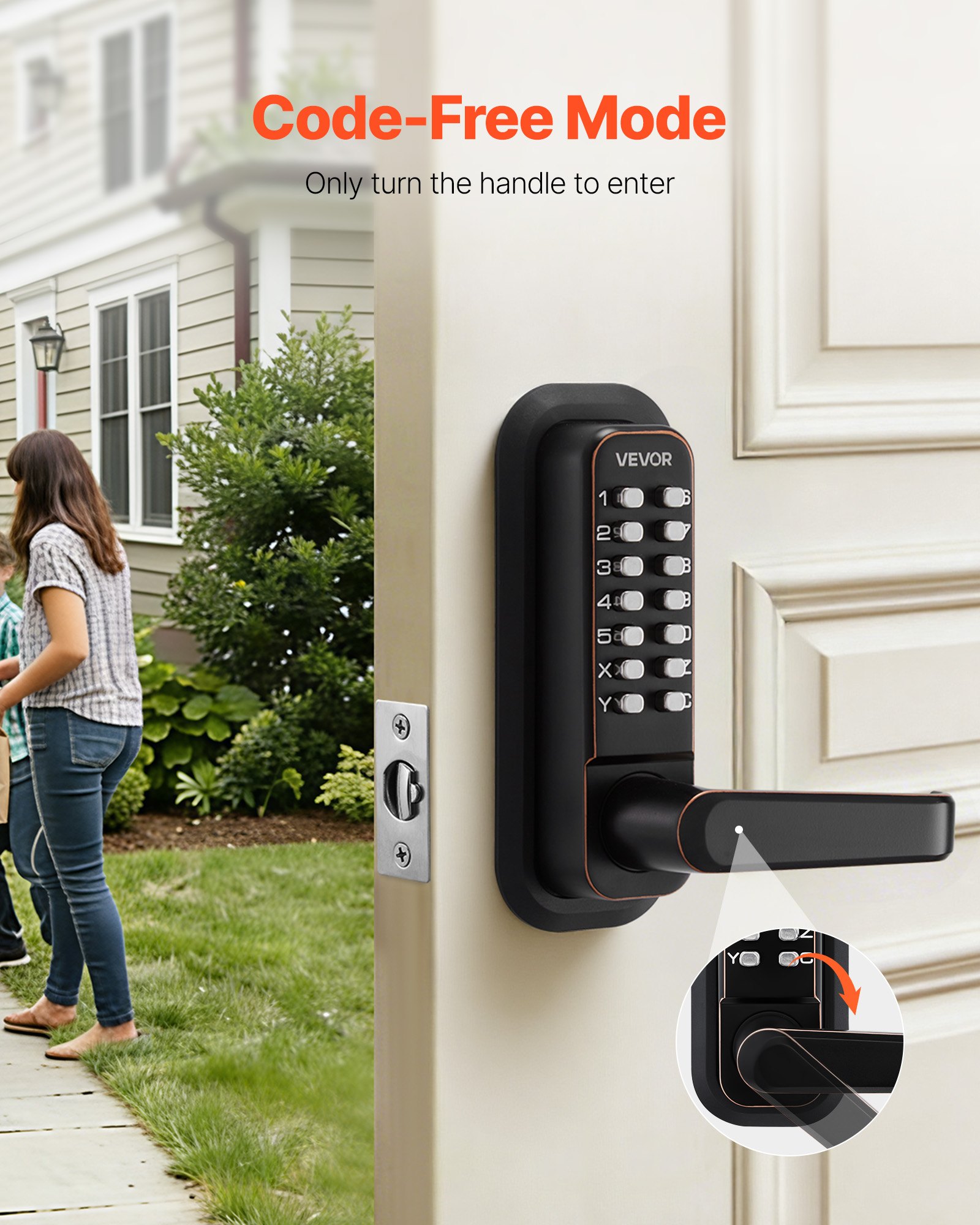 VEVOR Mechanical Keyless Entry Door Lock, 2.0 Code Upgrade, 4-7 Digits Code, Single-Sided Push Button Combination Keypad Door Lock with Handle, Auto Locking, for Indoor or Outdoor, Oil-Rubbed Bronze
