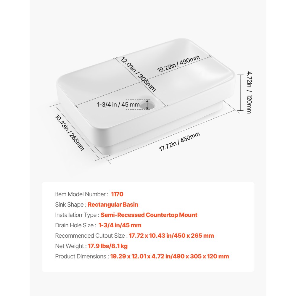 VEVOR Semi Recessed Bathroom Sink, 490 x 305 mm Rectangular White Ceramic Vessel Sink with 45 mm Drain Hole, Drop in Modern Lavatory Vanity Bath Wash Bowl Basin, Rectangle for Bathroom Small Space