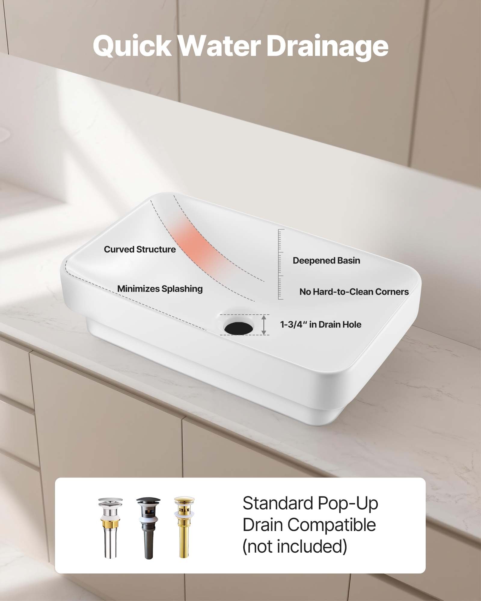 VEVOR Semi Recessed Bathroom Sink, 490 x 305 mm Rectangular White Ceramic Vessel Sink with 45 mm Drain Hole, Drop in Modern Lavatory Vanity Bath Wash Bowl Basin, Rectangle for Bathroom Small Space