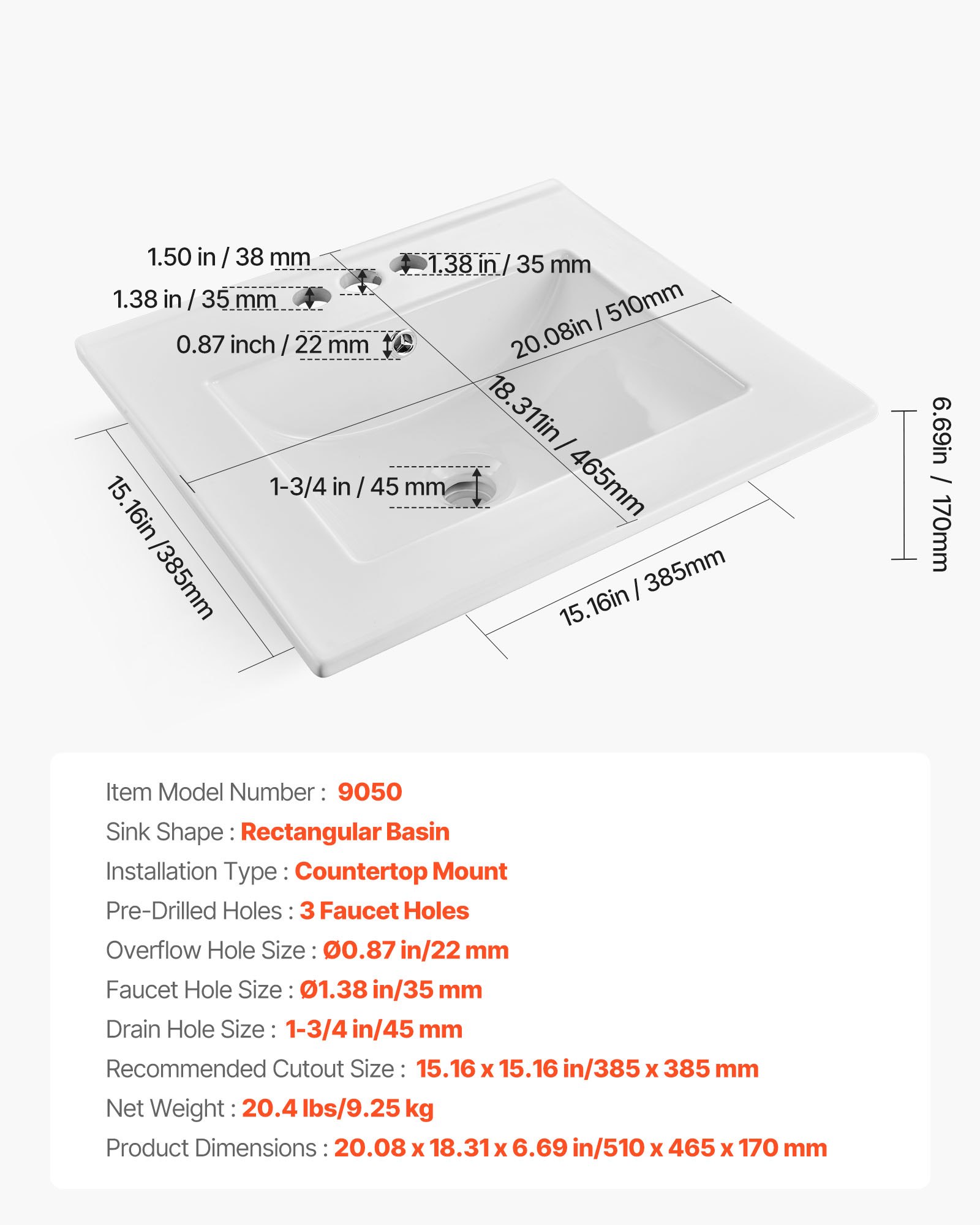 Umywalka VEVOR półwpuszczana w blat, prostokątna, 510 x 465 mm, z przelewem i 3 otworami na baterię, nowoczesna umywalka do zabudowy w małych pomieszczeniach, kuchniach i łazienkach, biała