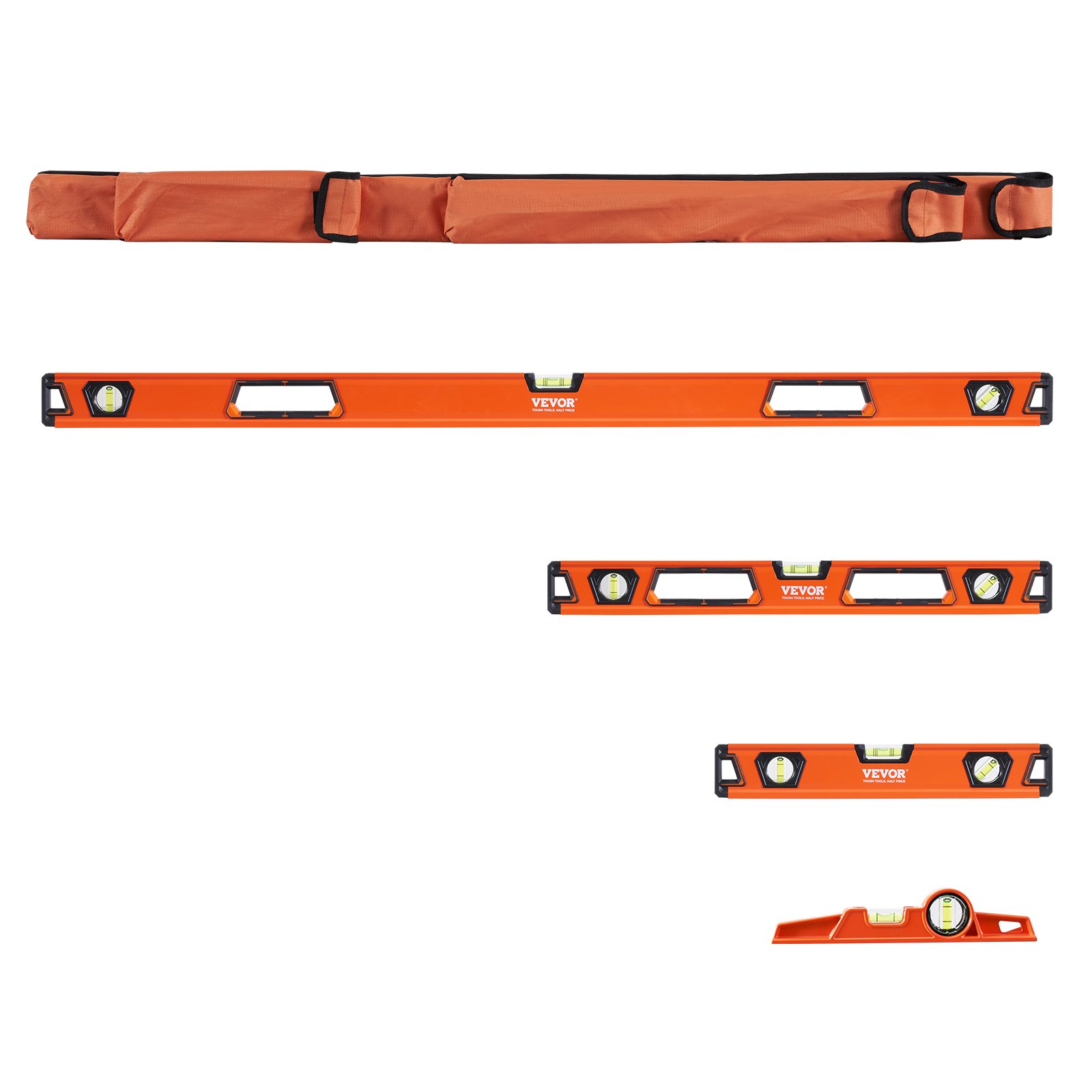 Poziomica magnetyczna aluminiowa VEVOR 1222/610/411/249 mm 3 libelki kąt 45 stopni, pozioma i pionowa 0,5 mm/m w zestawie nylonowa torba do przechowywania profesjonalny zestaw poziomic