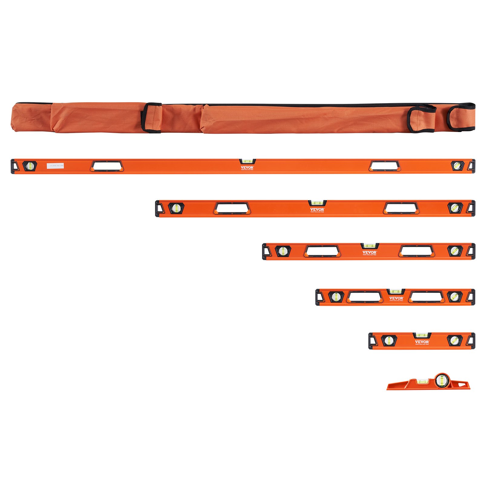 Poziomica VEVOR aluminiowa poziomica magnetyczna 1980/1222/915/610/411/249mm 3 ważki Kąt 45 stopni, poziomo i pionowo 0,5mm/m wraz z nylonową torbą do przechowywania Profesjonalny zestaw poziomic