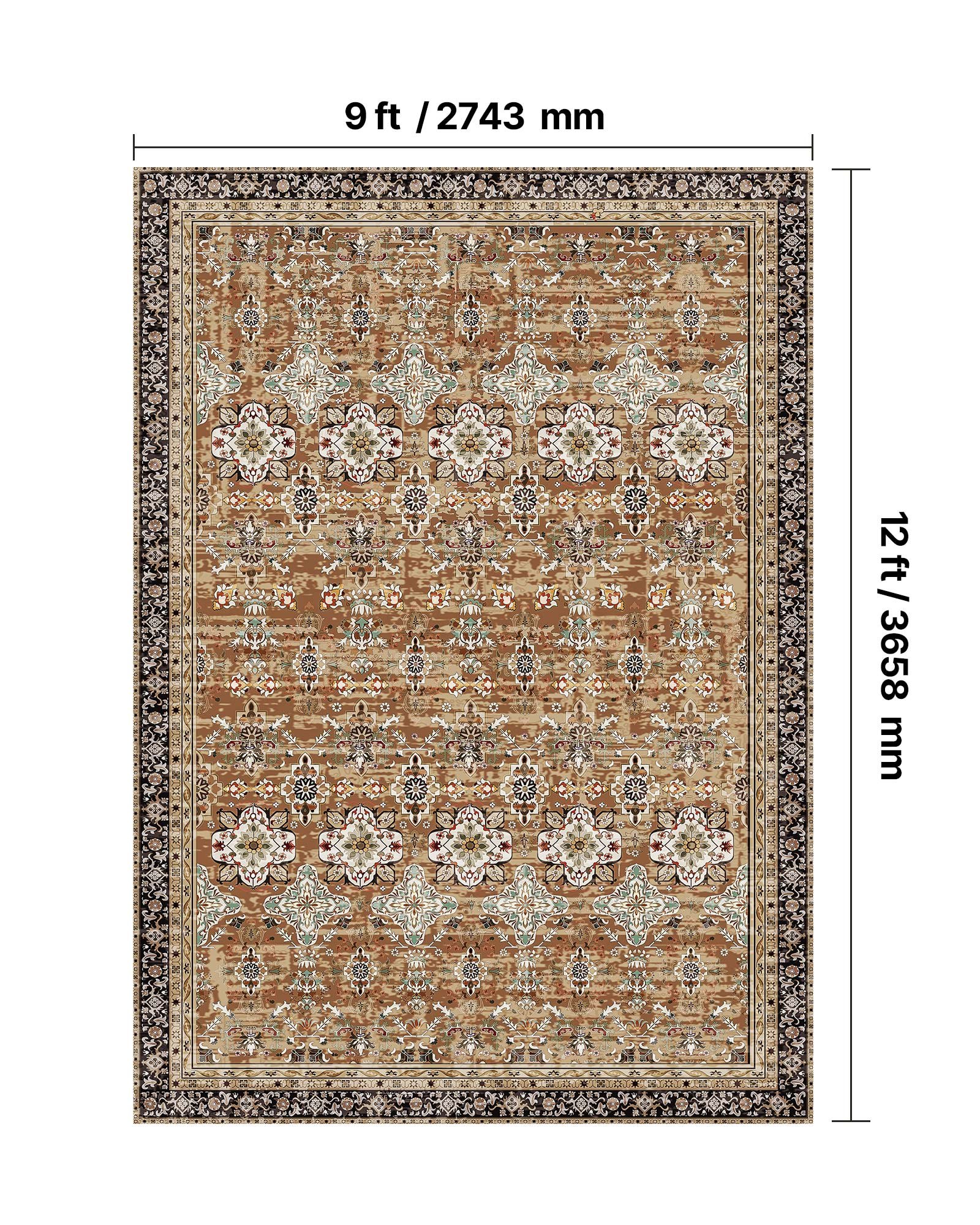 Dywan VEVOR, 2743 x 3658 mm, dywan z krótkim włosiem, zmywalny, antypoślizgowy dywan do salonu w stylu vintage, mata do wnętrz do sypialni, salonu, pokoju dziecięcego, biura, brązowo-zielony