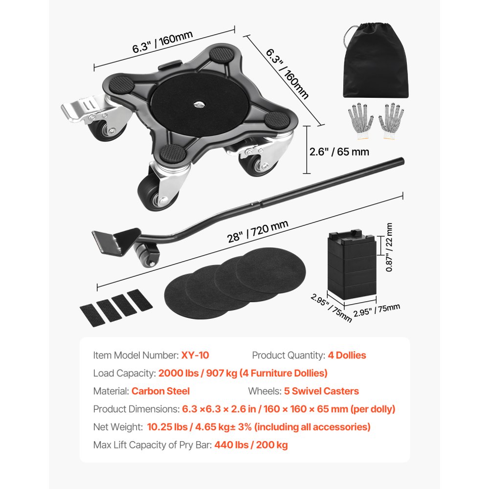 Przenośnik meblowy VEVOR, 158 x 158 x 65 mm, maks. ładowność 544 kg, wytrzymały transporter mebli z 5 kołami obrotowymi o 360°, zestaw narzędzi do podnoszenia i przenoszenia mebli: sprzętu AGD, sofy, lodówki, pralki