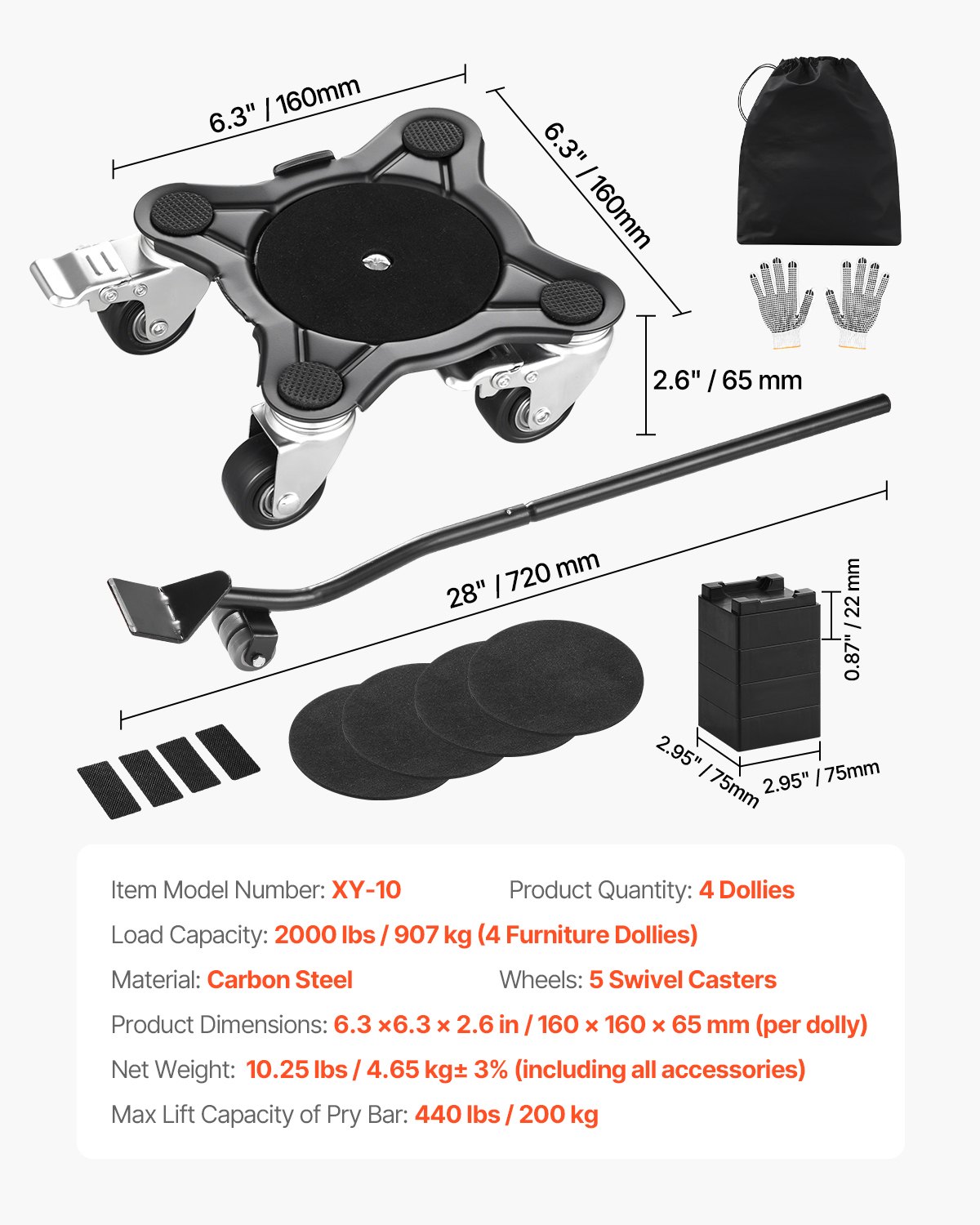 Przenośnik meblowy VEVOR, 158 x 158 x 65 mm, maks. ładowność 544 kg, wytrzymały transporter mebli z 5 kołami obrotowymi o 360°, zestaw narzędzi do podnoszenia i przenoszenia mebli: sprzętu AGD, sofy, lodówki, pralki