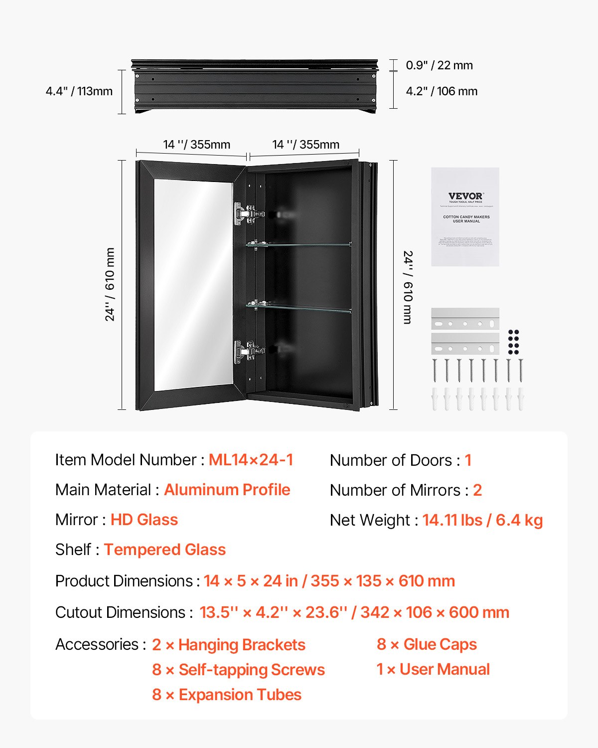 Szafka na leki z lustrem VEVOR (355 x 135 x 610 mm) do łazienki z podwójnym lustrem i regulowanymi szklanymi półkami, do zabudowy i montażu na ścianie, aluminiowa rama, szafka łazienkowa