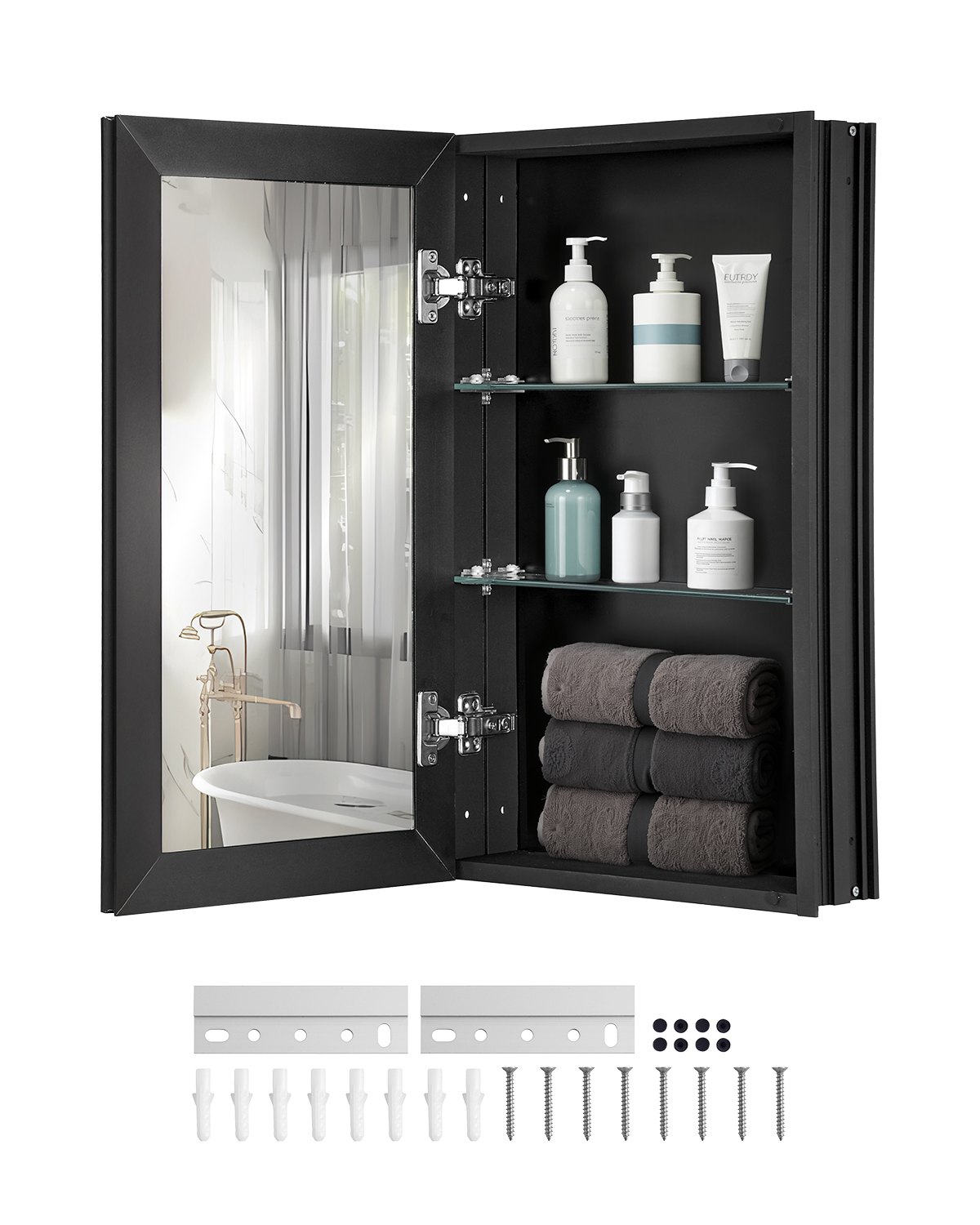 Szafka na leki z lustrem VEVOR (355 x 135 x 610 mm) do łazienki z podwójnym lustrem i regulowanymi szklanymi półkami, do zabudowy i montażu na ścianie, aluminiowa rama, szafka łazienkowa