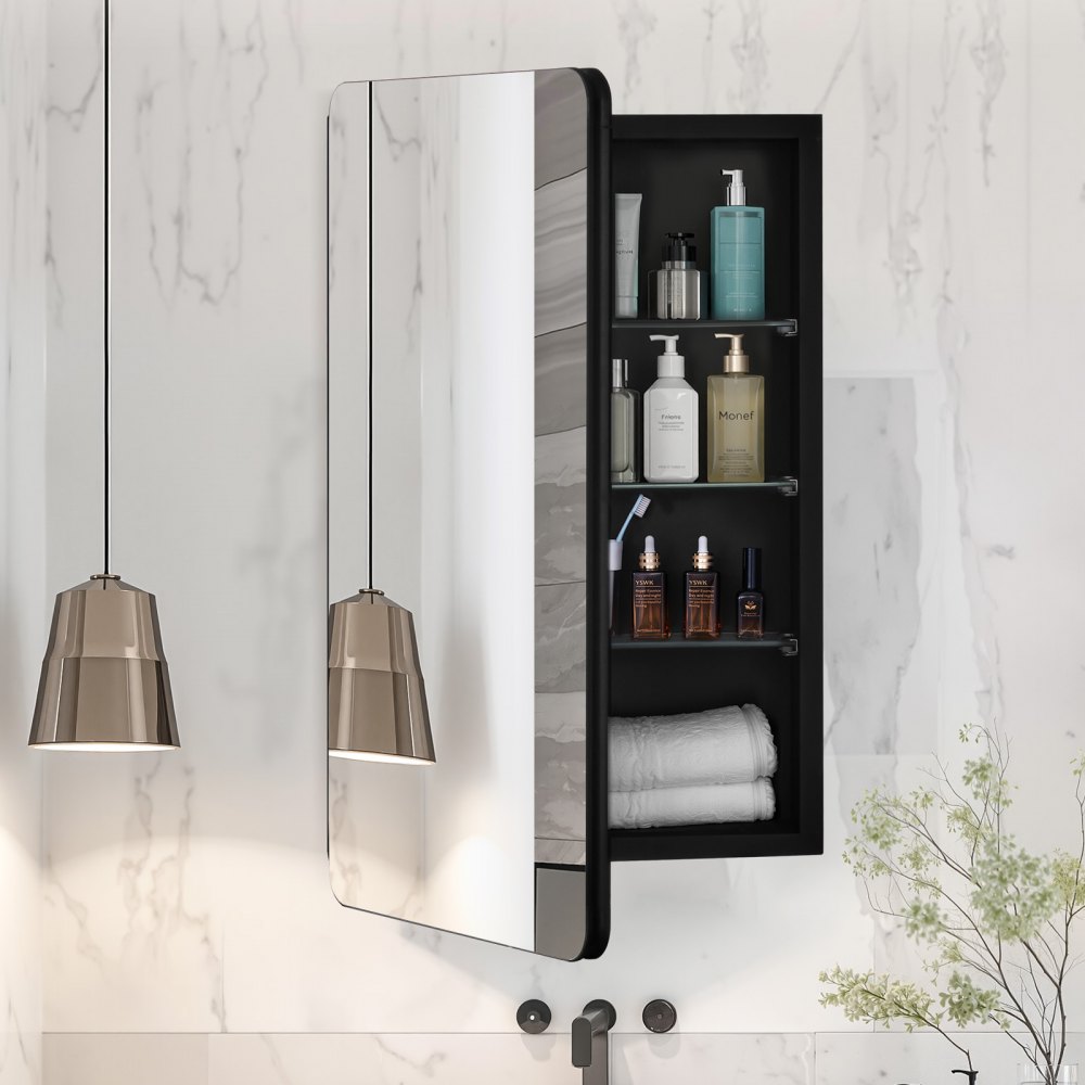 Szafka na leki z lustrem VEVOR (406 x 128 x 610 mm) do łazienki z drzwiami lustrzanymi i regulowanymi szklanymi półkami, do zabudowy i montażu na ścianie, aluminiowa rama, szafka łazienkowa