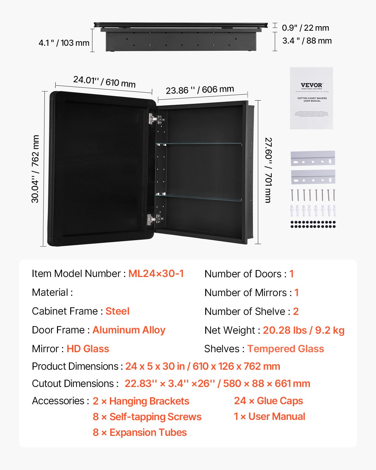 Szafka na leki z lustrem VEVOR (662 x 135 x 762 mm) do łazienki z drzwiami lustrzanymi i regulowanymi szklanymi półkami, do zabudowy i montażu na ścianie, aluminiowa rama, szafka łazienkowa