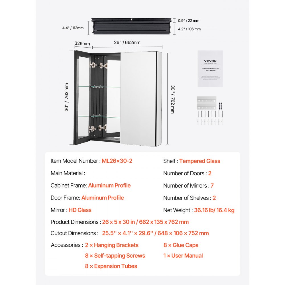 Szafka na leki z lustrem VEVOR (662 x 135 x 762 mm) do łazienki z 2 drzwiami i 7 lustrami, wbudowana i montowana na ścianie, aluminiowa rama, szafka łazienkowa