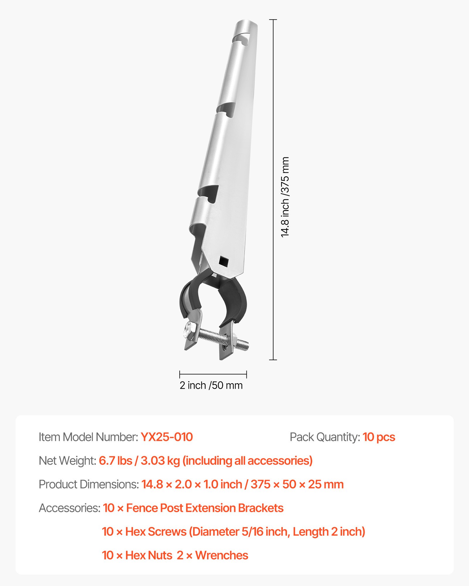 VEVOR Barbed Wire Arm, 10 Packs 14.8 in Fence Post Extender for 1.3" to 1.5" Chain Link Fences, U Bracket Design, Galvanized Steel Fence Height Extender, Protect Privacy and Prevent Pets Jumping Off