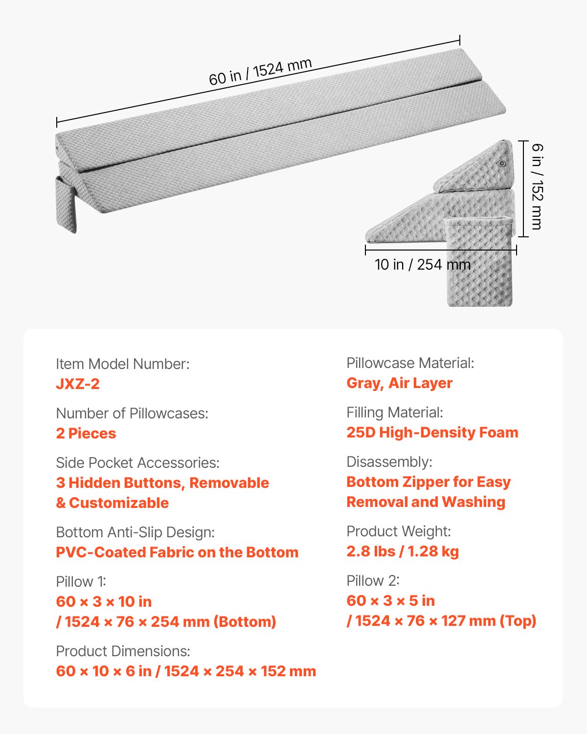 VEVOR Poduszka klinowa do łóżka w rozmiarze queen-size 1524 x 254 x 152 mm, poduszka klinowa do materaca, wypełniacz szczelin, wypełniacz szczelin 0-177,8 mm, klin do wezgłowia z pianki o wysokiej gęstości 25D, klin do materaca z kieszenią boczną, kolor szary