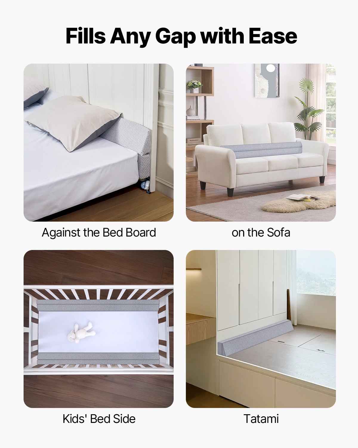 Wypełniacz poduszki VEVOR do wezgłowia łóżka typu queen size, wypełniacz szczelin 0-177,8 mm, klin z pianki o wysokiej gęstości 25D z antypoślizgowym spodem, 1525 x 152 x 152 mm, kolor szary