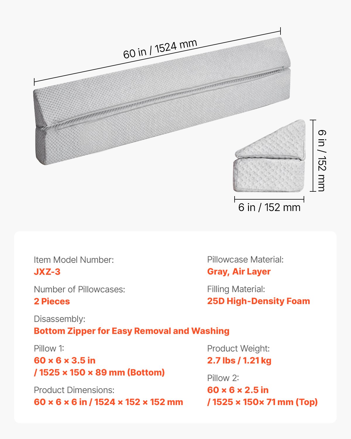 Wypełniacz poduszki VEVOR do wezgłowia łóżka typu queen size, wypełniacz szczelin 0-177,8 mm, klin z pianki o wysokiej gęstości 25D z antypoślizgowym spodem, 1525 x 152 x 152 mm, kolor szary