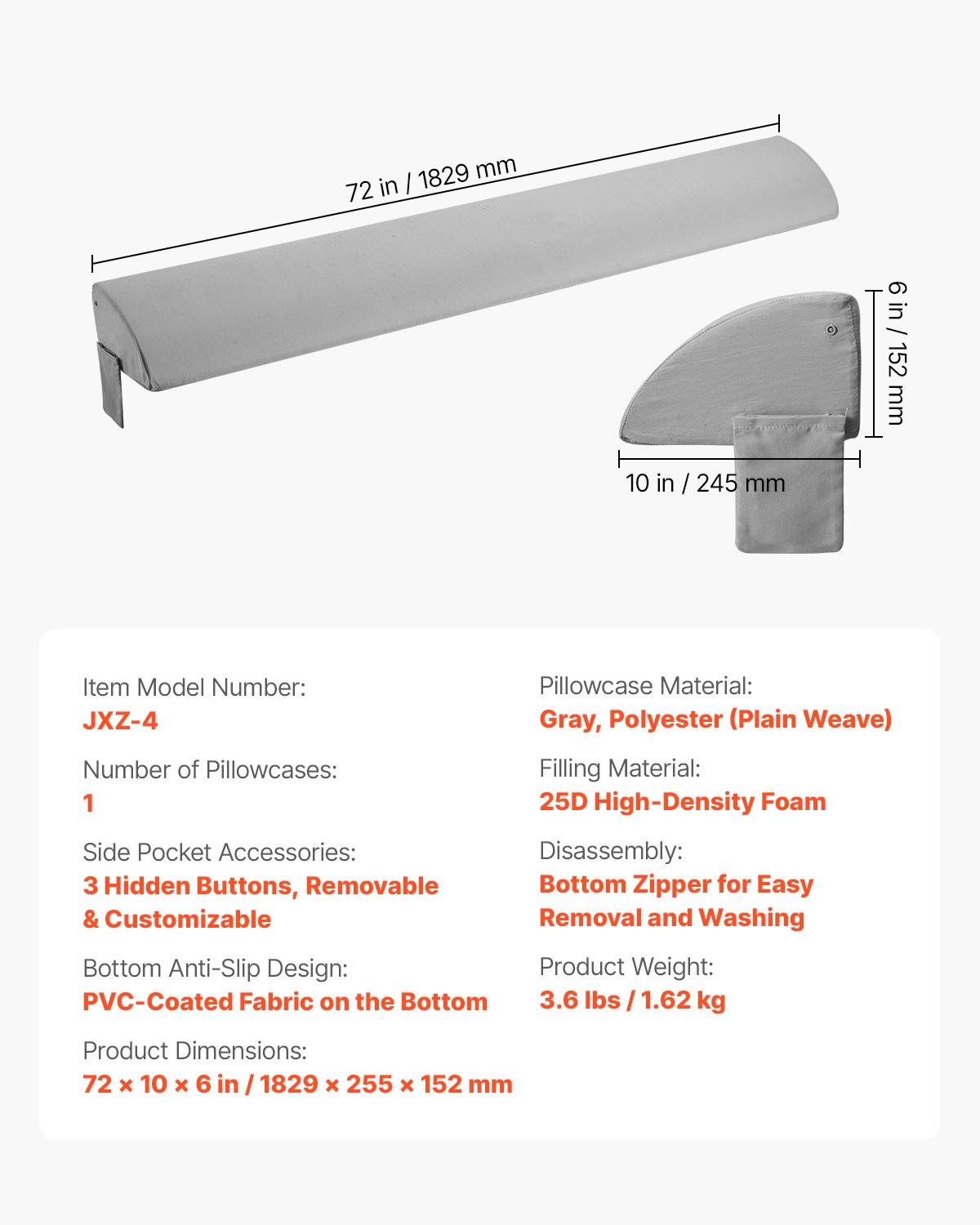Poduszka klinowa do materaca VEVOR Bed Gap Filler, 0-177,8 mm, klin do łóżka w rozmiarze queen, klin do wezgłowia z pianki o wysokiej gęstości 25D z kieszenią boczną, wypełniacz do materaca, 1829 x 255 x 152 mm, kolor szary