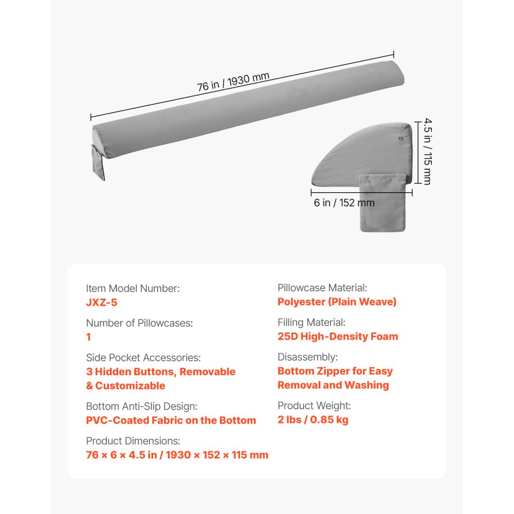 Poduszka klinowa do materaca VEVOR Bed Gap Filler Long Wedge, 0-101,6 mm, klin do łóżka, 25D z pianki o wysokiej gęstości i kieszenią boczną, 1930 x 152 x 115 mm, poduszka klinowa do materaca, wypełniacz szczelin, kolor szary