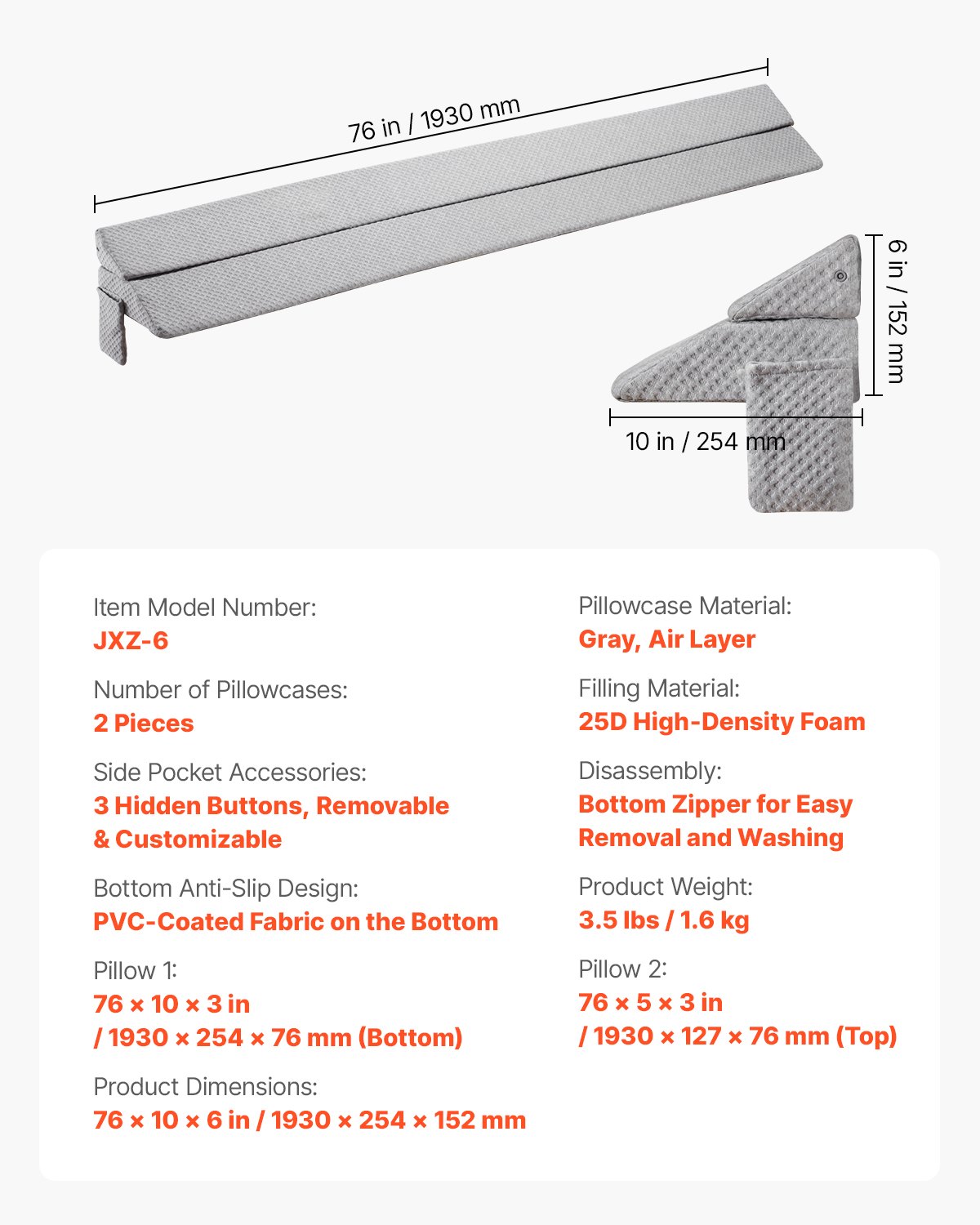 Poduszka klinowa VEVOR Bed Gap Filler z kieszeniami bocznymi, 0-177,8 mm, klin do łóżka w rozmiarze queen, klin do wezgłowia z pianki o wysokiej gęstości 25D, poduszka klinowa do materaca, wypełniacz szczelin, 1930 x 254 x 152 mm, kolor szary