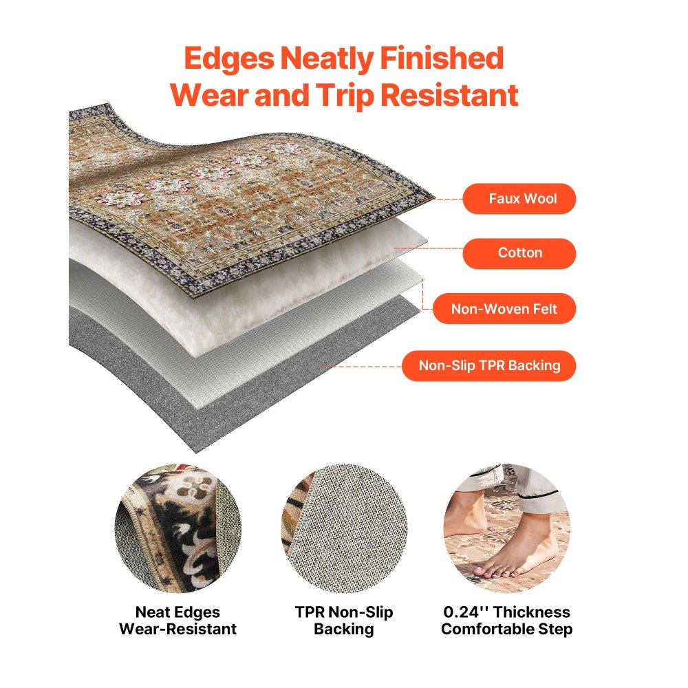 Dywan VEVOR, 1829 x 2743 mm, krótkie włosie, zmywalny, antypoślizgowy dywan do salonu w stylu vintage, mata do wnętrz do sypialni, salonu, pokoju dziecięcego, przedpokoju, brązowo-zielony