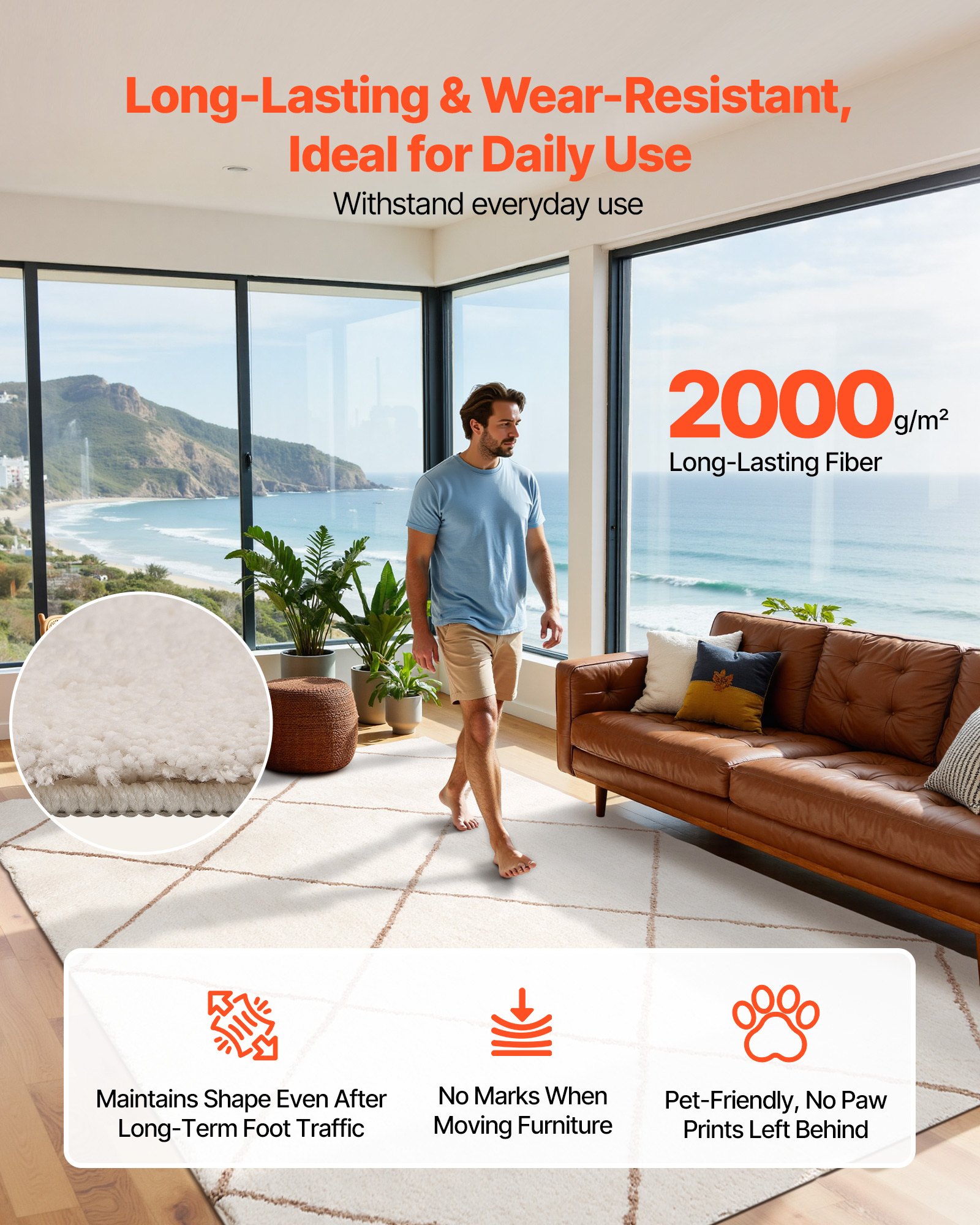 Dywan VEVOR z krótkim włosiem 2743 x 1829 mm, przytulny dywan do salonu, wysokość włosia 20 mm, dywan do salonu, sypialni, ogrodu zimowego, niepylący, z antypoślizgowym spodem z tworzywa TPR, biały