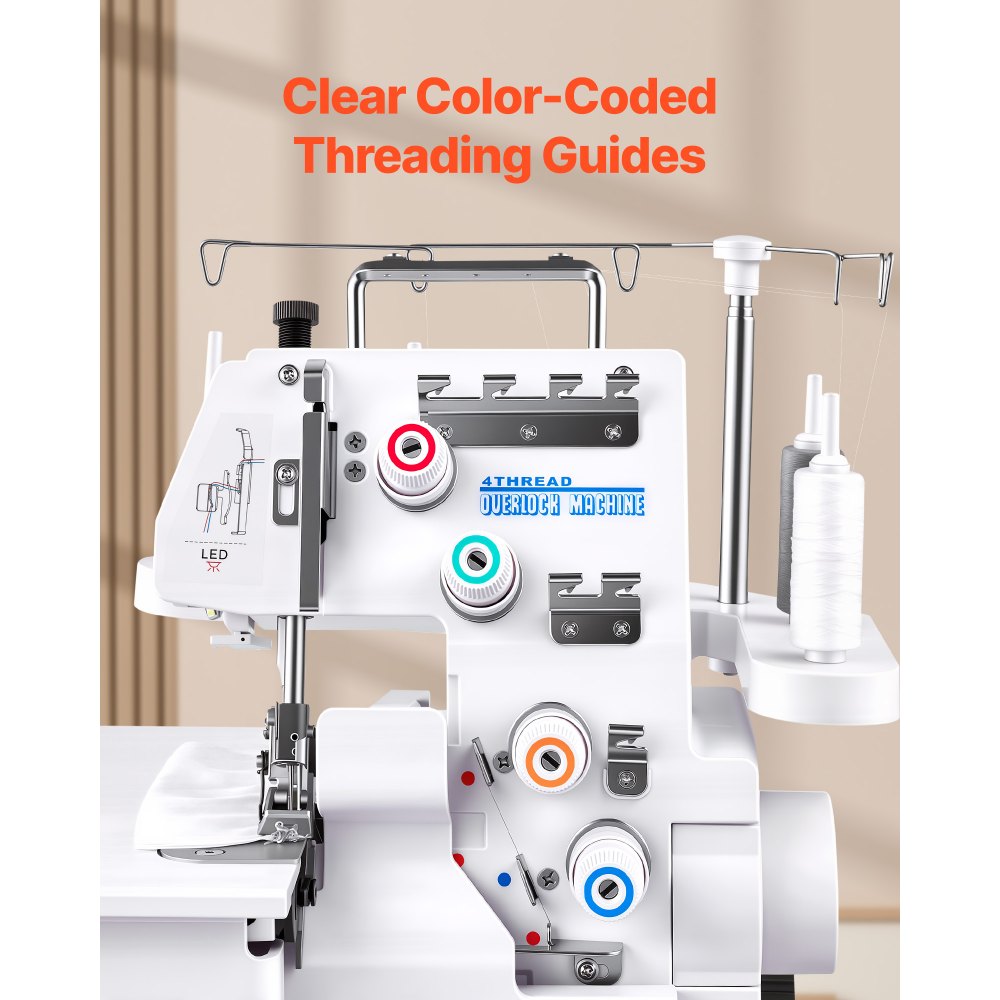 VEVOR Serger Overlock Sewing Machine, 1250 Stitches Per Minute, 3 and 4 Thread Capability, with LED Light and Strong Suction Feet, Heavy-Duty Metal Frame Sewing Machine for Various Fabrics, White