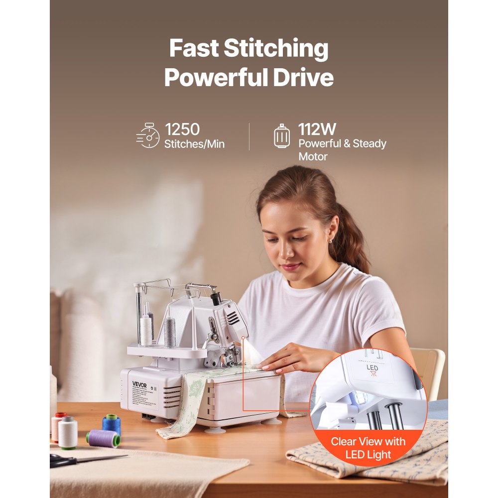 VEVOR Serger Overlock Sewing Machine, 1250 Stitches Per Minute, 3 and 4 Thread Capability, with LED Light and Strong Suction Feet, Heavy-Duty Metal Frame Sewing Machine for Various Fabrics, White