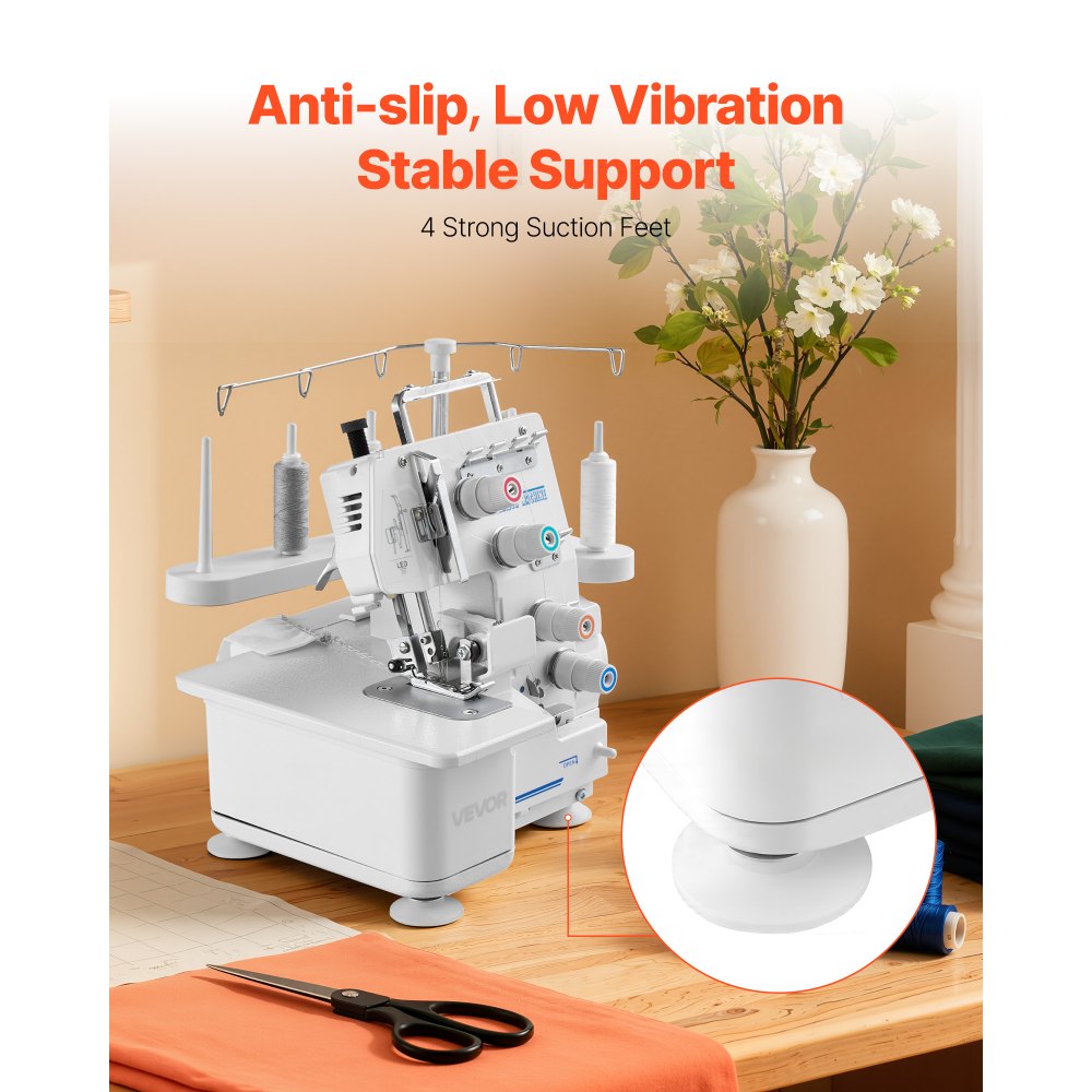 VEVOR Serger Overlock Sewing Machine, 1250 Stitches Per Minute, 3 and 4 Thread Capability, with LED Light and Strong Suction Feet, Heavy-Duty Metal Frame Sewing Machine for Various Fabrics, White