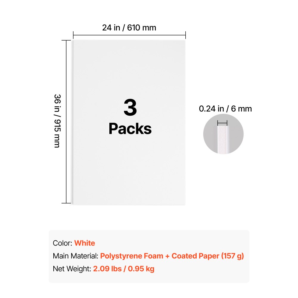VEVOR Foam Board, 3 Pack 610 x 915 mm, 6 mm Thickness White Poster Board, for Mounting, Crafts, Paintings Prints, Art, Display, Presentation and Projects, Acid-Free Double Sided Foam Core Sheets