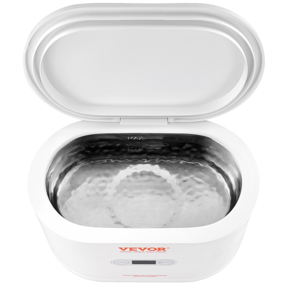 VEVOR Ultradźwiękowy środek czyszczący Urządzenie ultradźwiękowe do czyszczenia stali nierdzewnej 30 W, 650 ml Urządzenie ultradźwiękowe do czyszczenia z wyświetlaczem cyfrowym, białe Pięć dostępnych modeli do biżuterii, okularów, zegarków itp.