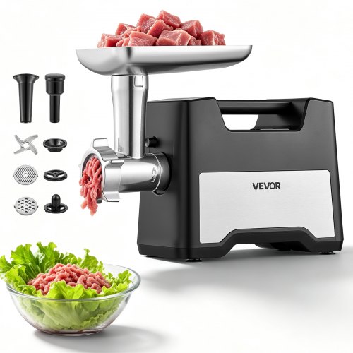 VEVOR Elektryczna maszynka do mięsa 1,5–2 kg/min maks. 1200 W, nadziewarka do kiełbas, silnik 500 W, rura do nadziewania kiełbas o średnicy 21 mm, 2 perforowane tarcze (3 / 7 mm), popychacz do mięsa, obudowa ze stali nierdzewnej i zestaw kibbeh