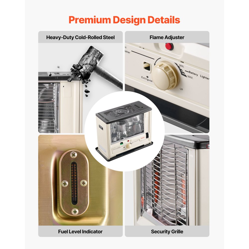 Grzejnik naftowy VEVOR o mocy 10 000 BTU, przenośny grzejnik z automatycznym wyłączaniem, regulowanym płomieniem i zabezpieczeniem przed przewróceniem, do domu, garażu, piwnicy, na kemping, do warsztatu i na wypadek sytuacji awaryjnej, czarny