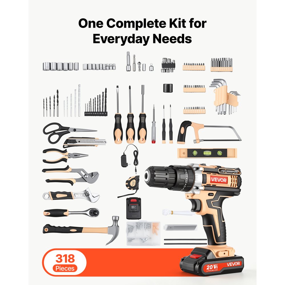 VEVOR Tool Kit 318-Piece General Household Tool Kit for Home Maintenance, For Everyday House Repairs, DIY Projects, with Portable Storage Case, High-Quality Steel, with Cordless Drill, Bits, Hammer